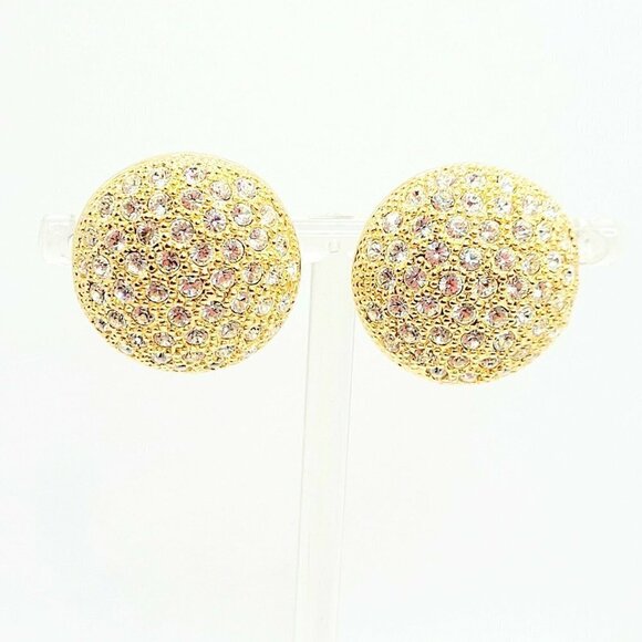 Pave Set Crystal & Gold Tone Clip On Button Earrings Very Sparkly "Video Clip" - Picture 3 of 9